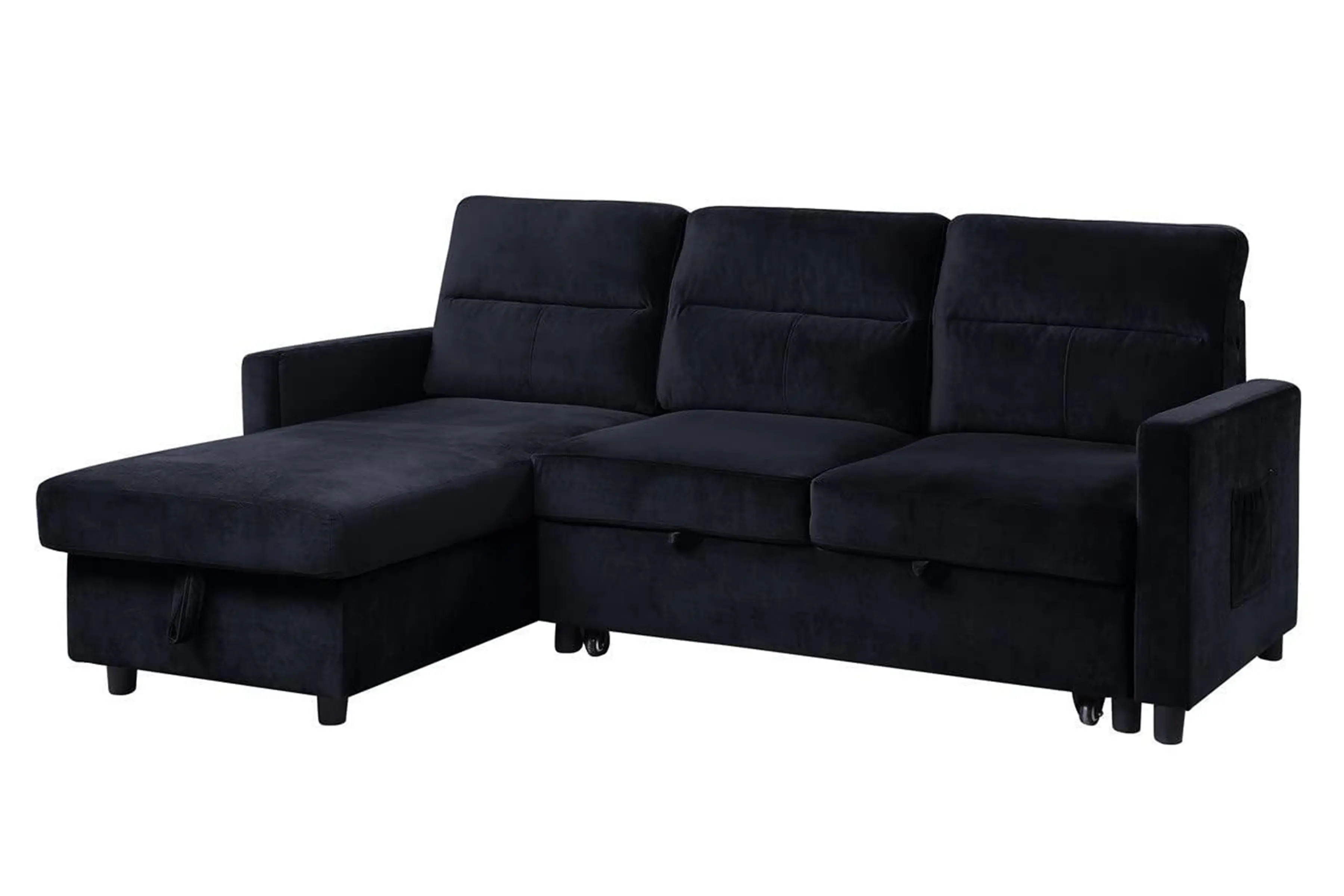 Black velvet L-shaped corner sofa bed with pull-out sleeper mechanism, castor wheels, and side storage pocket, isolated on white background for furniture shops in Sri Lanka.